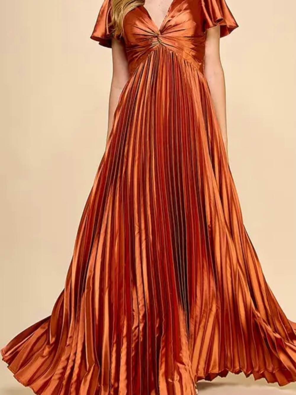 Metallic Rust Orange Pleated Maxi Dress - Women's Evening Gown